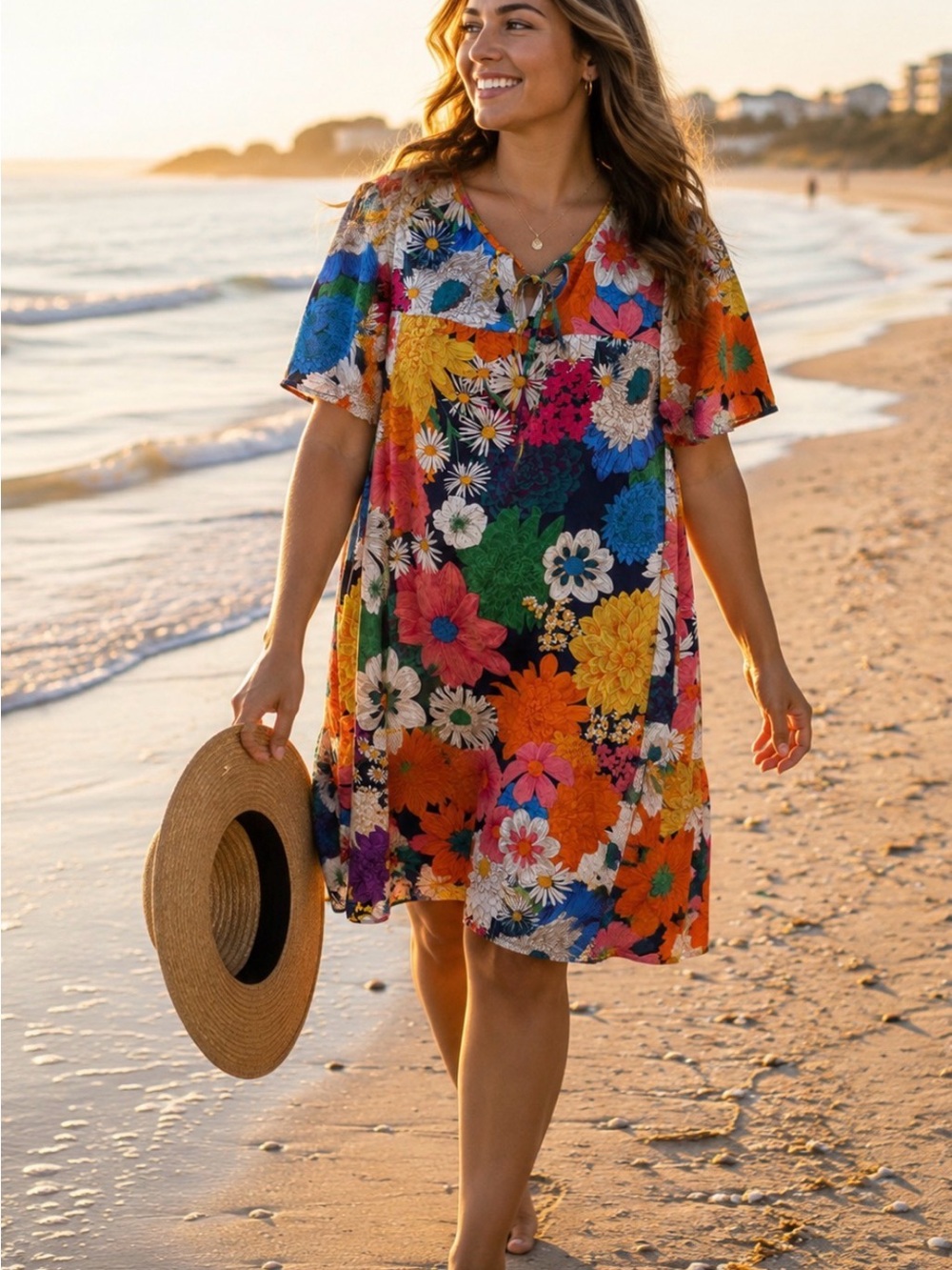 Brand new! Large Floral Print Neck Tie Mini Dress